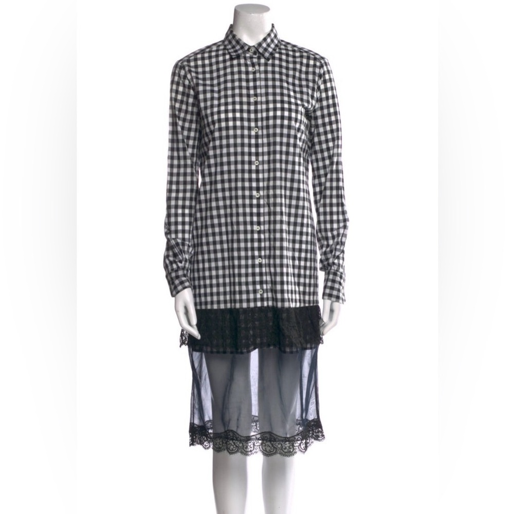 Pinko Black and White Checked Shirt Dress with Sheer Lace Hem